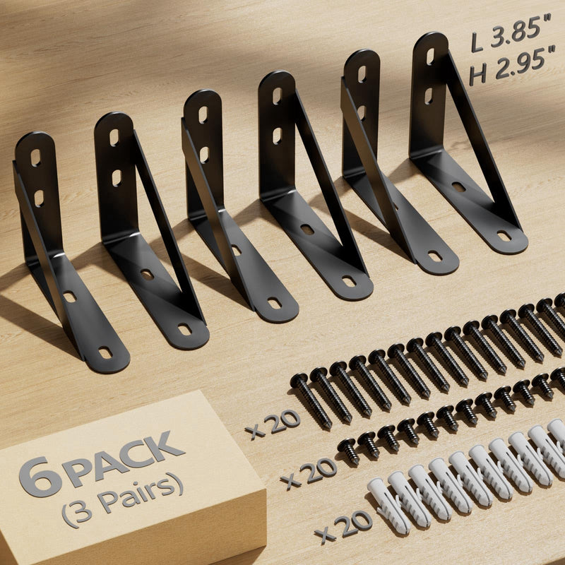 4x3 Shelf Brackets 6-Pack, Shelf Support Shelf Holder Steel Wall Mount Heavy Duty Small L Shape Triangle 90 Degree Metal Black with Screws Anchors Soporte de Estante 4"x3" (6 PACK)