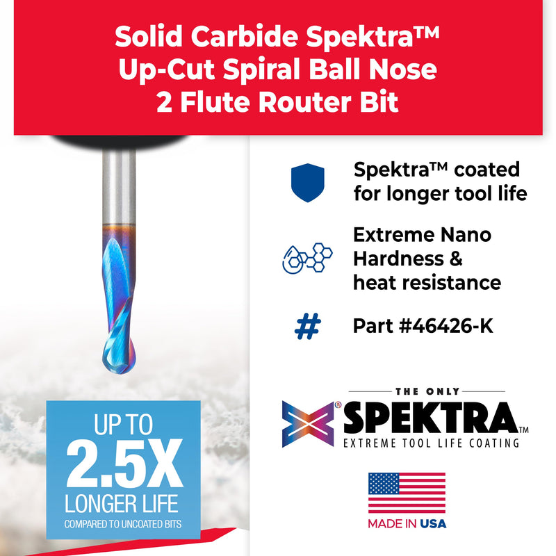 Amana Tool Solid Carbide Spektra Extreme Tool Life Up-Cut Spiral Ball Nose Router Bits, 46426-K 1/8 R x 1/4 D x 1/2 CH x 1/4 SHK x 2-1/2 Inch L x 2 Fl