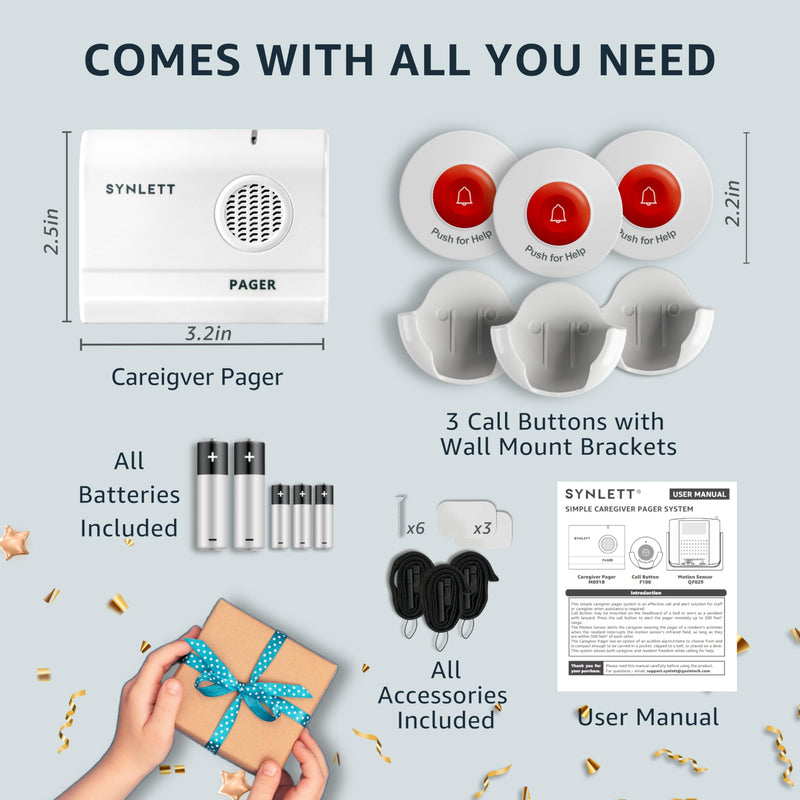 Caregiver Pager Wireless Nurse Call Buttons for Elderly Monitoring SOS Alert System Portable Alarm Call Bell for Nursing Home Care Seniors Patients Emergency 3 Call Buttons 1 Receiver