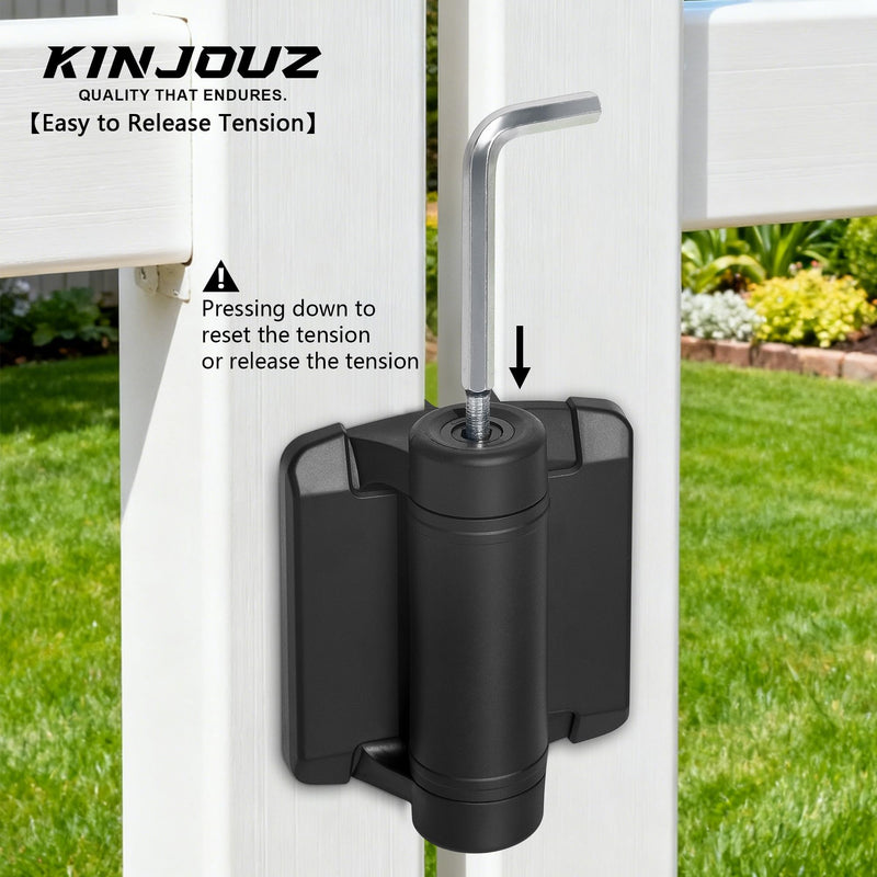 Self Closing Gate Hinges, Heavy Duty Adjustable Tension Nylon Hinge | Fence Hinges Kit for Outdoor Metal/Vinyl/Wooden Gate with Safety Cap, 1 Pair Black