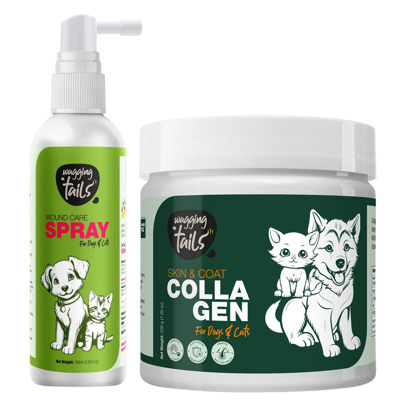 Wagging Tails Skin & Coat Collagen Peptide Topper Powder (7.05 oz) + Wound Care Spray with Active Nano Silver (3.38 oz) | for Dogs & Cats All Breeds
