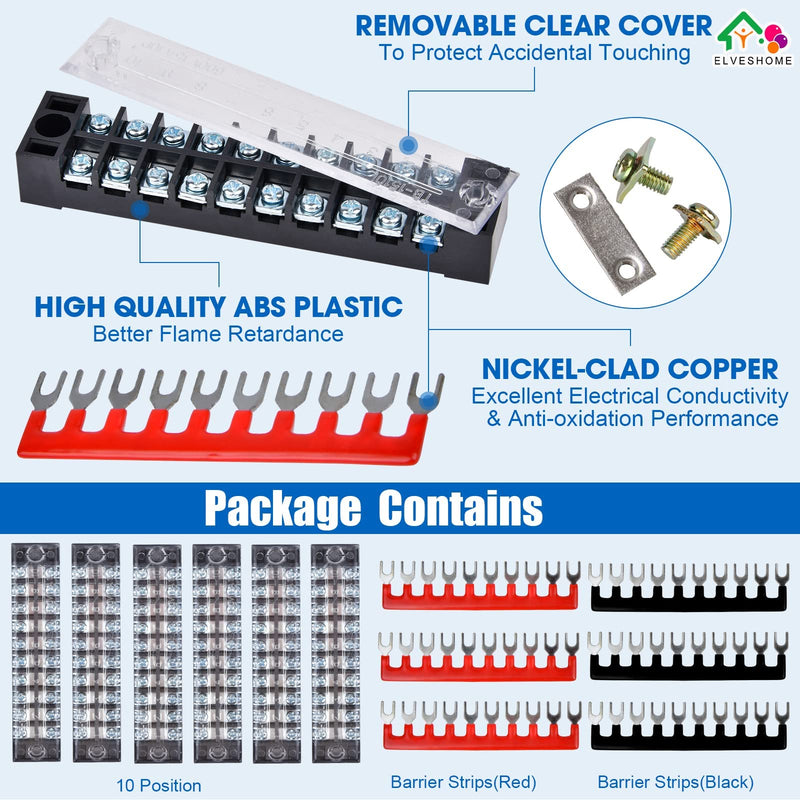 Terminal Block 10 Position, 12PCS 6 Set Terminal Block Strip & Ground Terminal Block, Screw Terminal Block with Cover, Pluggable PCB Terminal Blocks, Busbar Terminal Blocks 600V 15A Dual Row Insulated 10 Circuits 10P Kits