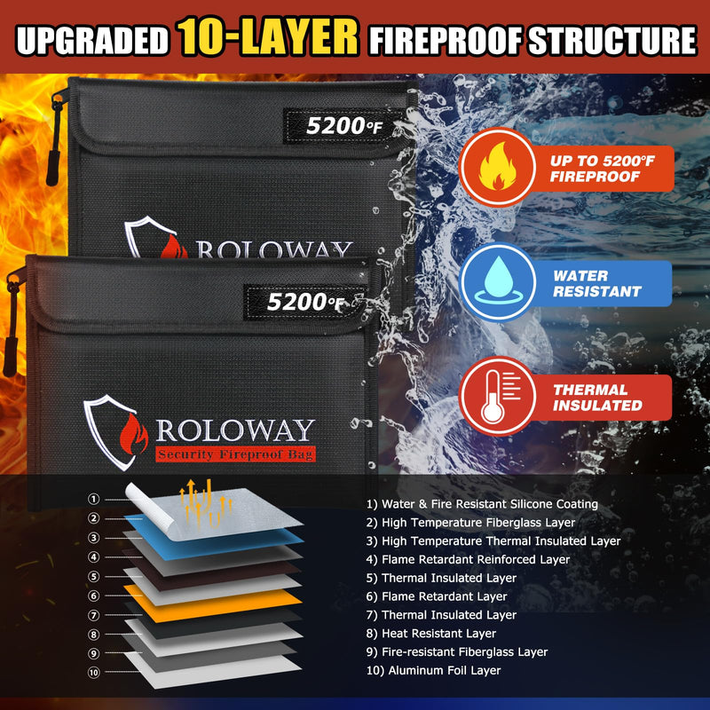 ROLOWAY Fireproof Bag (9.6 x 6.6 inches) 5200℉ Heat Insulated, Fireproof Money Bag with Zipper for Cash (2-Pack Black) 9.6 x 6.6 inch 5200℉ Black Bag