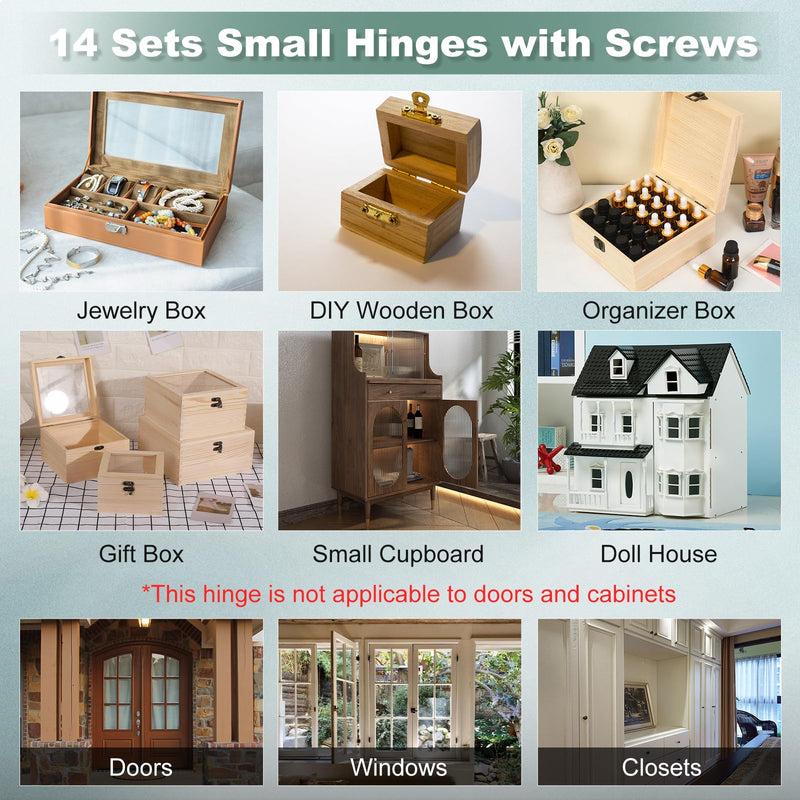 14 Sets Small Hinges with Screws, Stainless Steel Jewelry Box Hinges Silver, 1 in Mini Hinges for Wooden Box, Folding Butt Hinges, Miniature Hinges, Jewelry Box Hardware Hinges for DIY Jewelry Box