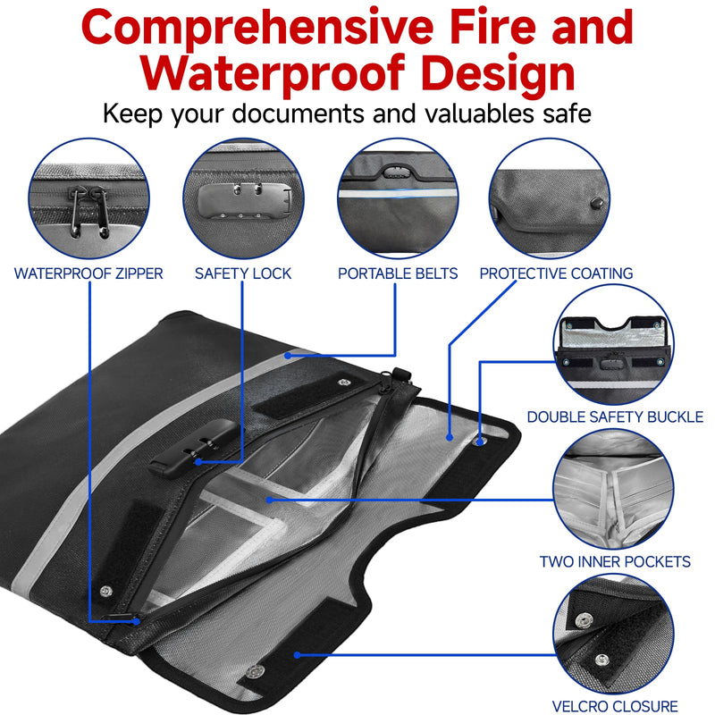 Upgraded 6500°F Fireproof Document Bag with Lock, Waterproof 9-Layer Heat Insulated | Dual-Liner Card Slot Money Bag with Zipper/Reflective Strip for Passport, Important Paper, Cash(15 x 12In) Black
