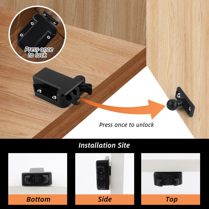 6 Pack Push Latch for Cabinets, Black Push to Open Catch Lock, Rebound self-Locking Device，Push to Open Drawer Catch Door Latch Hardware for Cabinet Drawer Wardrobe Cupboard Kitchen Door