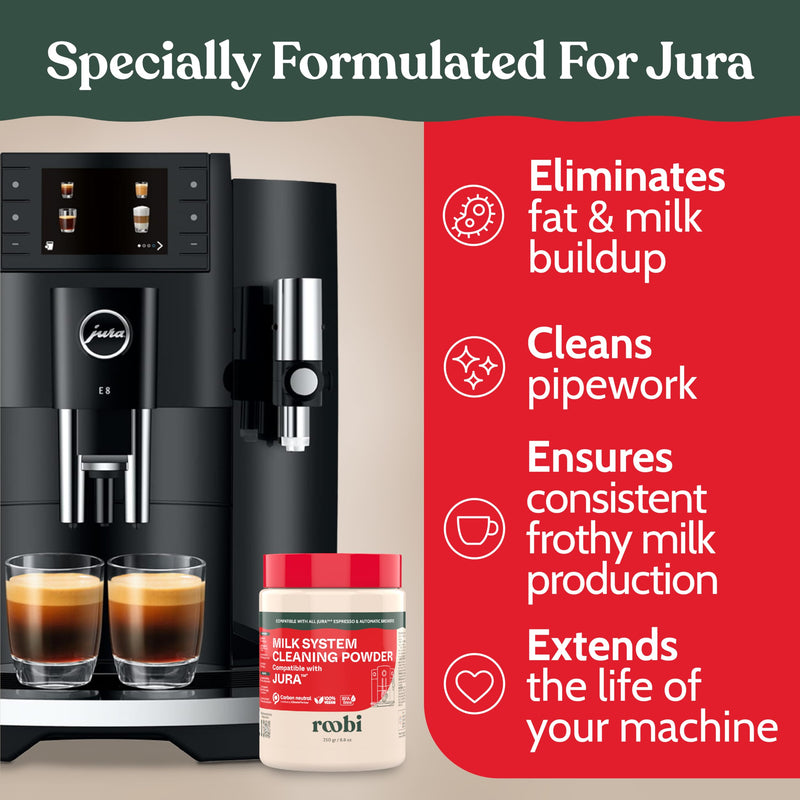 Roobi Compatible Milk System Cleaning Powder for Jura. Specially formulated for Jura Automatic Espresso Coffee Machines. 100% Vegan, Carbon Neutral. Milk Cleaning Powder