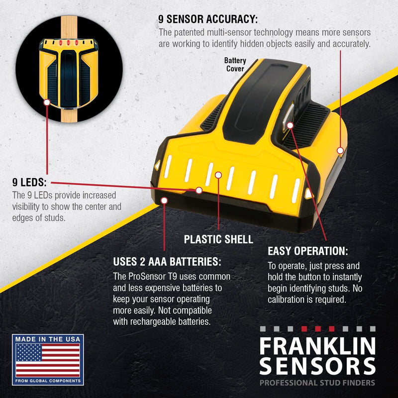 Franklin Sensors ProSensor T9 Stud Finder with 8-Sensors, Wood & Metal Stud Detector/Wall Scanner