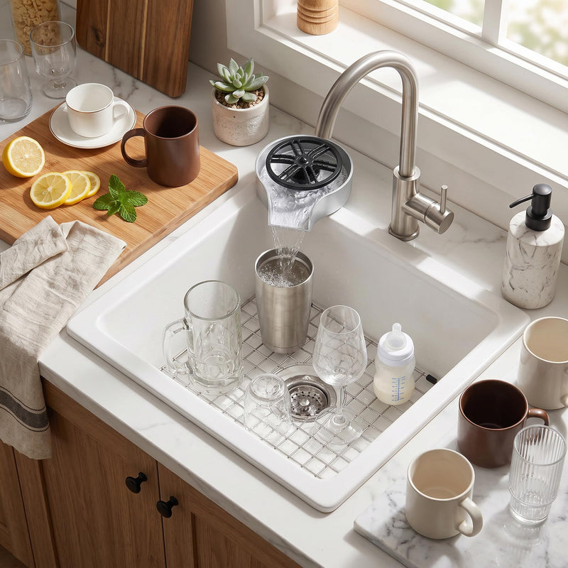 Automatic Glass & Cup Washer Sink Accessory with 360 Degree Rotating Spout Stainless Steel Dishwasher for Bottles Cups Utensils - Silver ABS Basin US 9/16