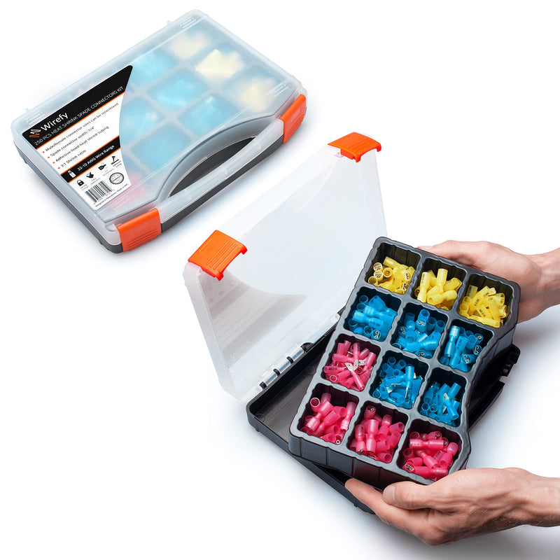 Wirefy 250 PCS Heat Shrink Spade Connector Kit - Male and Female Spade Wire Connectors - Quick Disconnect Electrical Terminals - 22-10 Gauge 22-10 Gauge - Kit Male/Female Spades Kit