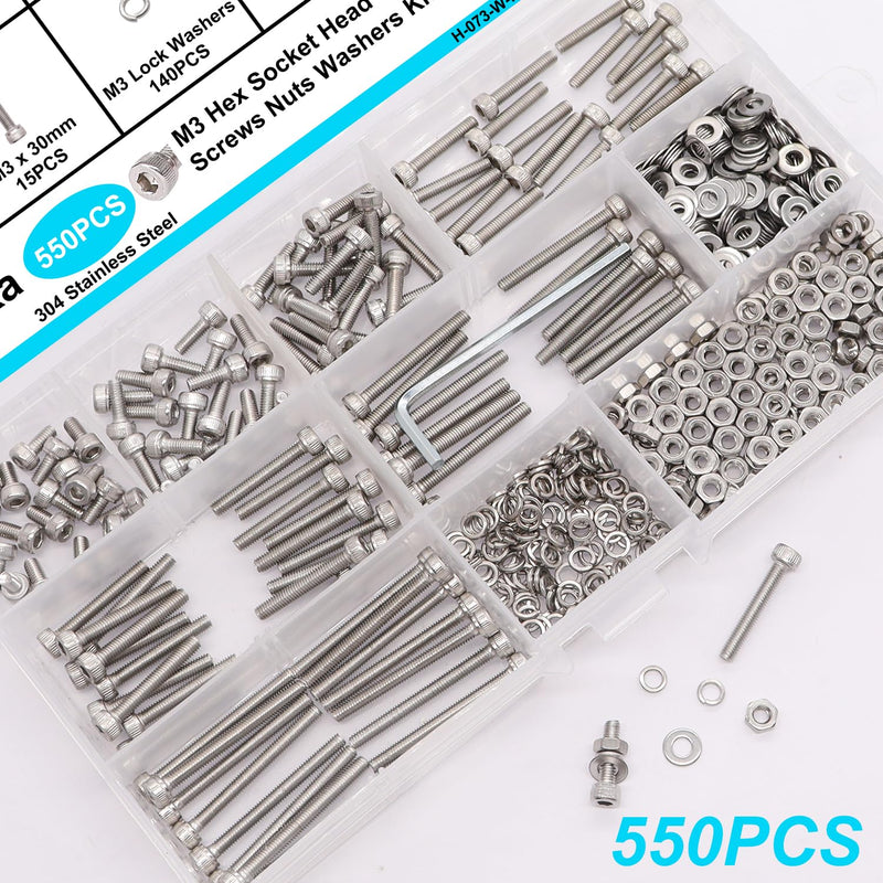 550PCS M3 Screw Kit, M3 x 6/8/12/16/20/25/30mm Hex Socket Head Cap Screws Bolts Nuts Washers Assortment Kit, 304 Stainless Steel M3 Bolts with Hex Wrench