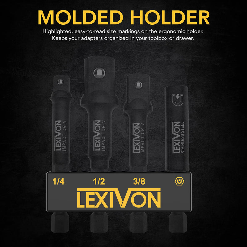 LEXIVON Impact Socket Adapter & Magnetic Bit Holder Set | 4 Pieces of 1/4-Inch Hex Shank Extension to 1/4", 3/8", and 1/2" Drive | Includes Organizer Rack (LX-104) 3 Adapters + Magnetic bit holder