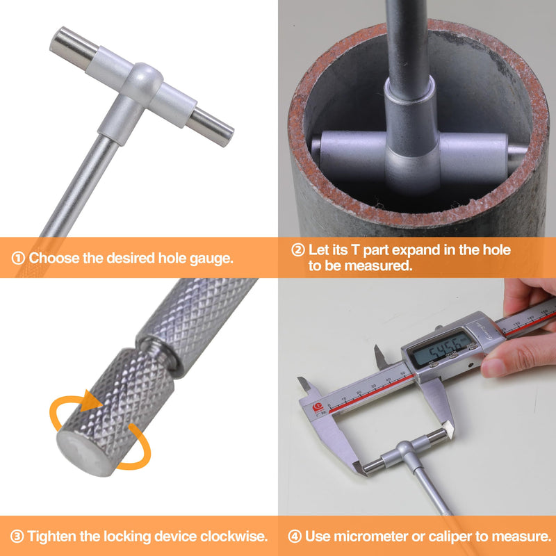 6 Pc Telescoping Gage Set Premium 5/16'' - 6" Range, High Precision T-Bore Hole Gauges, Satin Chrome Finished