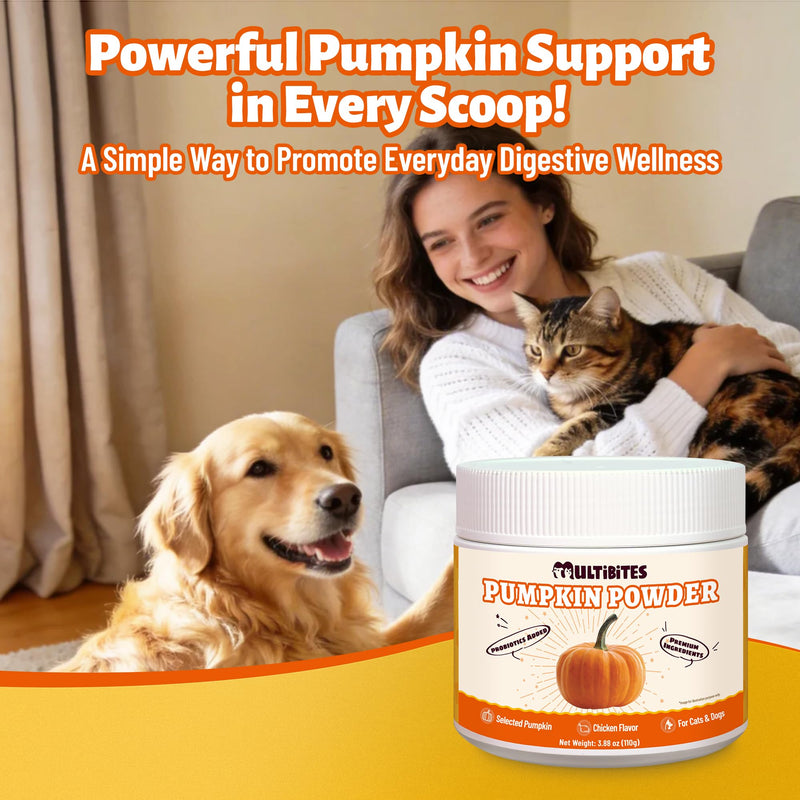 Pumpkin Powder for Dogs & Cats, Digestive Supplement with Probiotics, Prebiotics & Pumpkin Seeds, High Fiber Gut Health & Stool Support, Chicken Flavor Food Topper, 3.88 oz