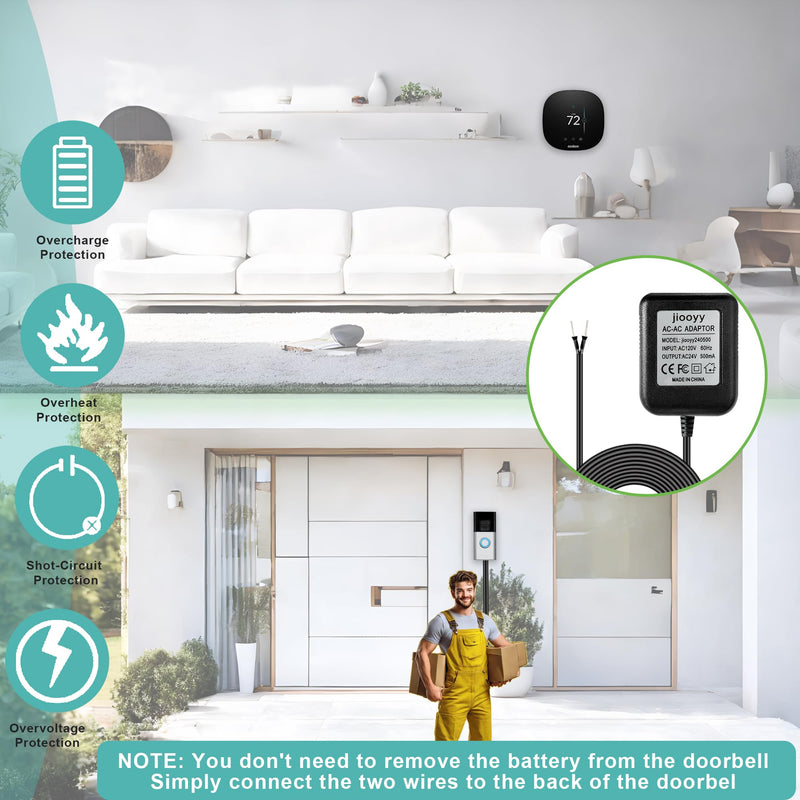 24 Volt Doorbell Power Adapter - 16.4ft Long C Wire Adapter, Doorbell Transformer Fits Ring, Nest Hello, Wyze, Eufy Video Doorbells and Ecobee,Sensi,Nest,Honeywell Thermostat(Black) 16.4 ft Black - NewNest Australia