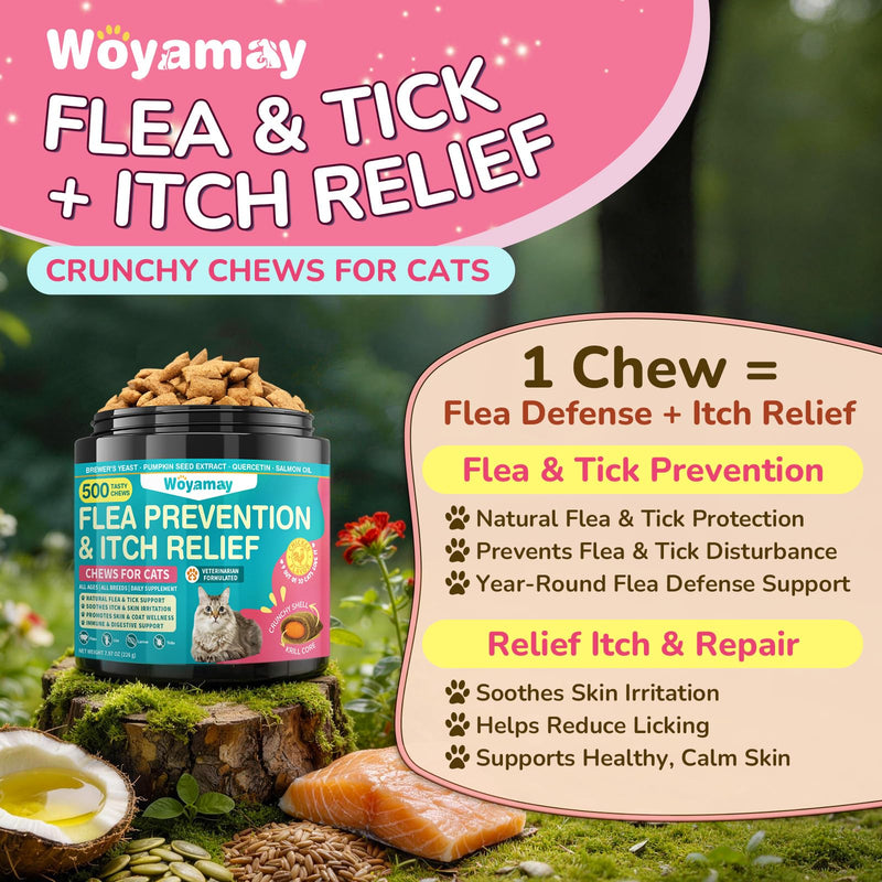 Woyamay Multi-Pet Flea Care Bundle – Dog Flea Prevention Soft Chews + Cat Flea & Itch Relief Crunchy Chews, Natural Skin, Coat & Immune Support for Dogs & Cats, Daily Oral Flea Treatment