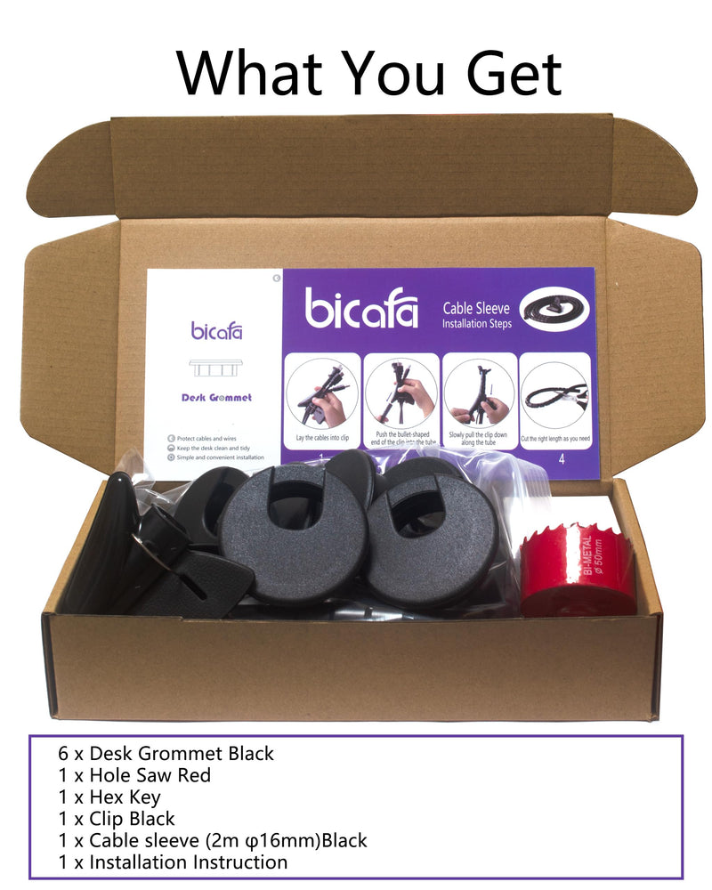 6 Pack Desk Grommet 50mm (1.97 inch) Bi-Metal Hole Saw Kit with Cord Wrap Coiled Tube Management,2 m Cable Sleeve Organizer with Table Hole Cover