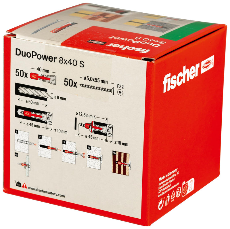 Fischer DuoPower 8 x 40 S, Powerful Universal Plug with Safety Screw, Intelligent 2-Component Technology for fastenings in Concrete, Bricks, Stone, Gypsum plasterboard, etc., 50 Plugs & 50 Screws 8 x 40 mm Countersunk