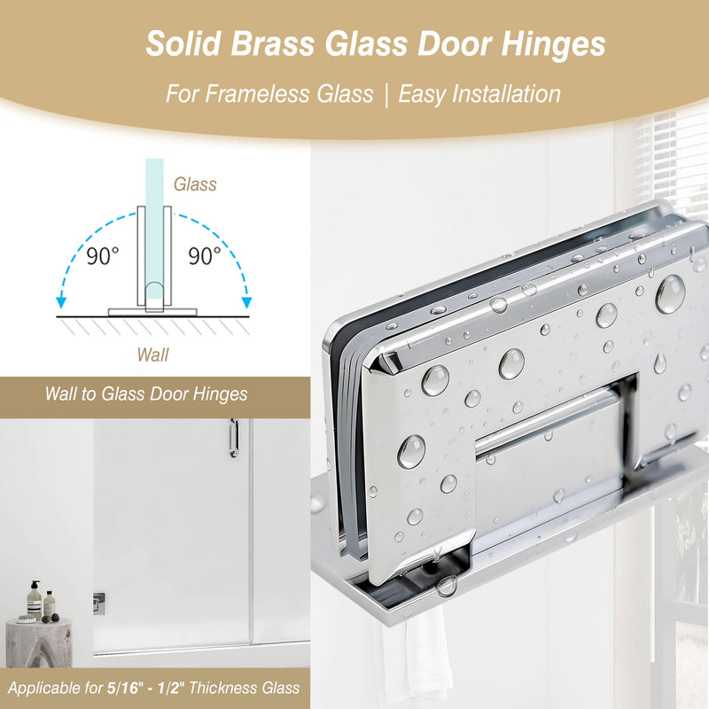 Brass Shower Door Hinge, 90 Degree Offset Glass Door Hinges, Wall Mount for 5/16"-1/2"(8-12mm) Tempered Glass, Heavy Duty Hinge for Frameless Glass Installation, Chrome 90 Degree_A
