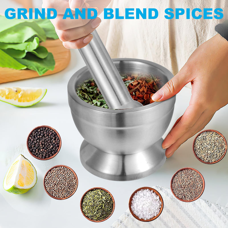 18/8 (304) Stainless Steel Mortar and Pestle Set,Mortar and Pestle with Non-Slip Base for Spice Grinder, Herb Crusher, Pill Crusher, Pesto Maker for Kitchen, Easy to Clean