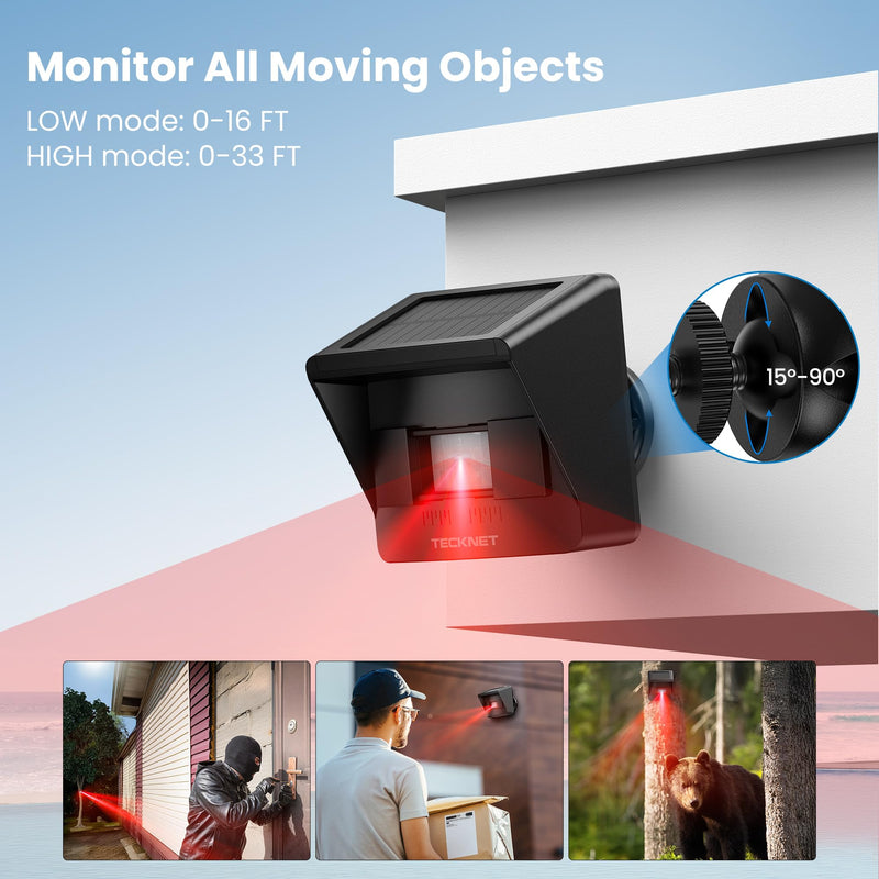 TECKNET Solar Wireless Driveway Alarm with 2600FT Long Range & 36 Melodies & 5 Volumes and Supports 4 Zones Weatherproof Motion Sensor Alarm to Protect Inside/Outside Property (1 Receiver 1 Sensor) RGB Receiver and Sensor