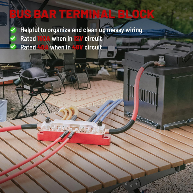 RED WOLF 150A 12V Bus Bar with Cover, 4 x 1/4" (M6) 6 x #8 (M4) Studs Power Distribution Terminal Block 48V DC Car Boat Marine Solar System (Black+Red)