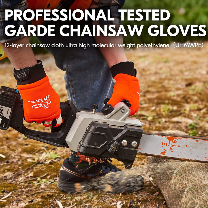Vgo... Chainsaw Gloves,12-Layer Saw Protection on Left/Both Hand Back,Cow Leather Gloves,Touchscreen Large(Pack of 1) Orange-both Protection
