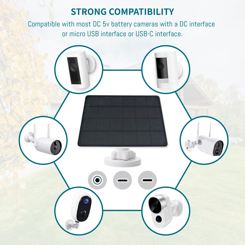 8W Solar Panel Compatible with Rechargeable Battery Powered Cam, for Security Camera Outdoor, 5V Camera Solar Charger Waterproof with Micro USB/USB-C Port/DC 3.5mm 3in1 Cable, 360° Adjustable Bracket 8 Watts