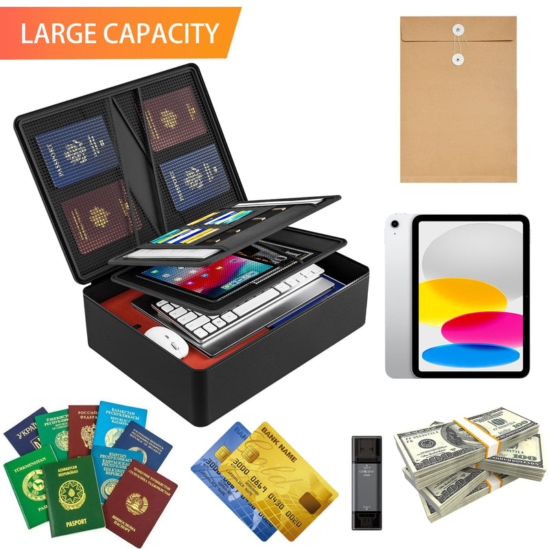 Fireproof Document Box with Lock, Hard Case Files Safe Organizer, 8-Layer Fireproof Water Resistant Safe Box, Portable Home Travel Safe Storage for Important Documents Passports Jewelry Cash (Black) Black