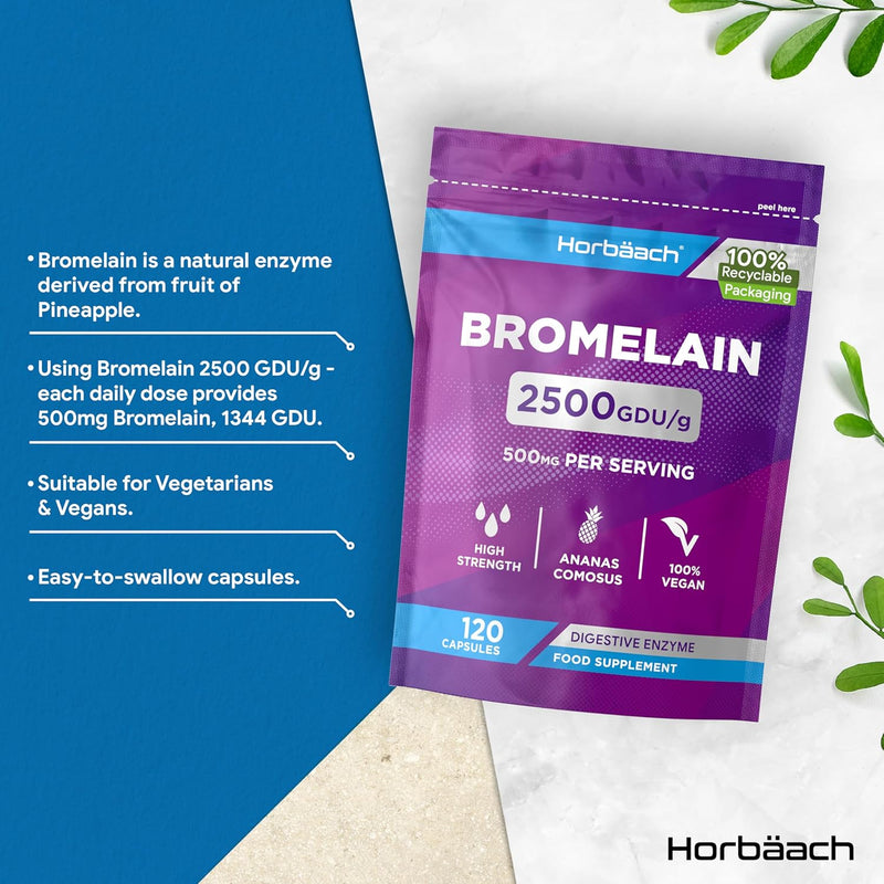 Bromelain 500mg high dose | 2500 GDU/g | 120 Vegan Capsules | Digestive enzyme | from Horbaach