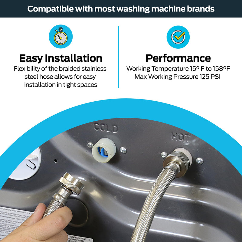 Eastman 10 foot Washing Machine Hose, 3/4 Inch FHT x 3/4 Inch FHT, Braided Stainless Steel Washing Machine Connectors, 48640 10 Ft.