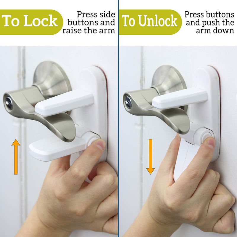 Door Lever Lock (6 Pack) Prevents Toddlers from Opening Doors. 3.25" L * 1.5" W * 4.5" H Easy One Hand Operation for Adults. Durable ABS with 3M Adhesive Backing. Simple Install, No Tools Needed. 6 Count (Pack of 1) White