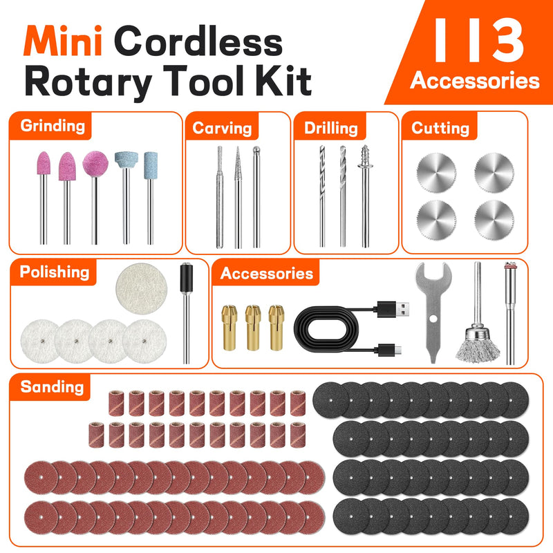 Cordless Rotary Tool Kit 20000RPM, 5-Speed Rechargeable Engraving Pen for Metal, Wood, Glass and Plastic, Power Rotary Tools with 113 Accessories & LED Light, Electric Carving Pen for DIY