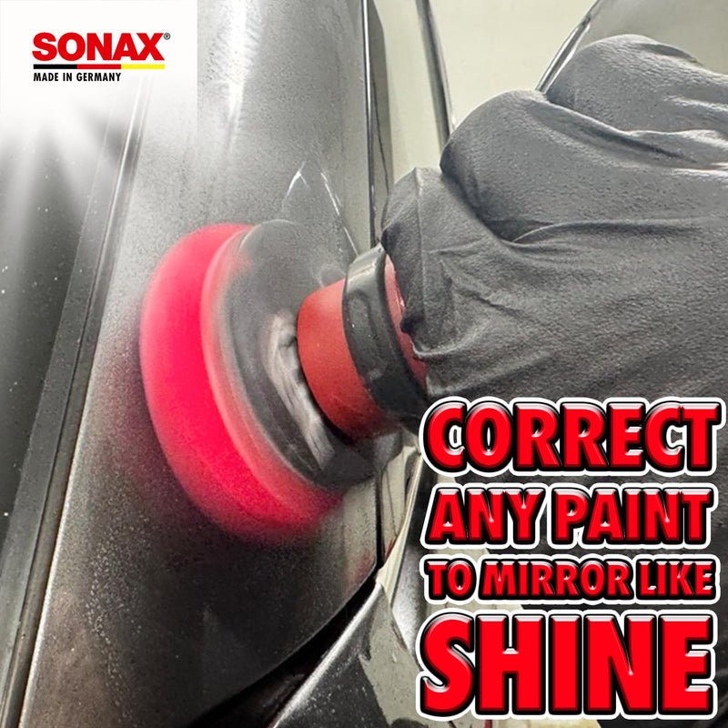 SONAX Red Hard Cutting/Polishing Pad 493100 | Heavy-Duty Foam Pad for Swirl & Scratch Removal | Ideal for Aggressive Paint Correction | for Dual Action & Rotary Polishers | 494200 | 4 Pack, 3-Inch
