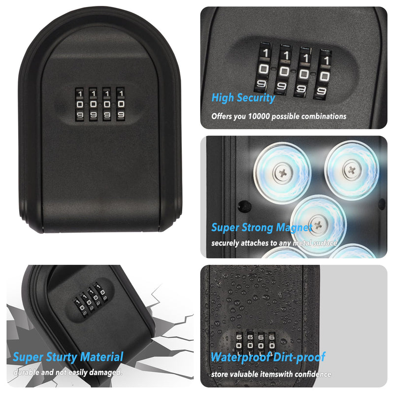 Magnetic Key Box for Under Car, Hide a Key Outside with Combination Lock Box, Resettable Safe Security Code Lockbox with 5 Strong Magnets, Anti-drop Magnetic Holder Under Car, Truck, Outdoor (1,Black) 1,Black