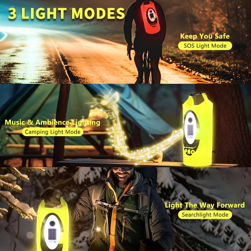 FELICON Waterproof Dry Bag Backpack with Bluetooth Speaker, 10L Roll Top Floating Sack, Solar & USB-C Powered Emergency Charger, RGB Light, Heavy Duty PVC for Kayaking Camping, Neon Yellow