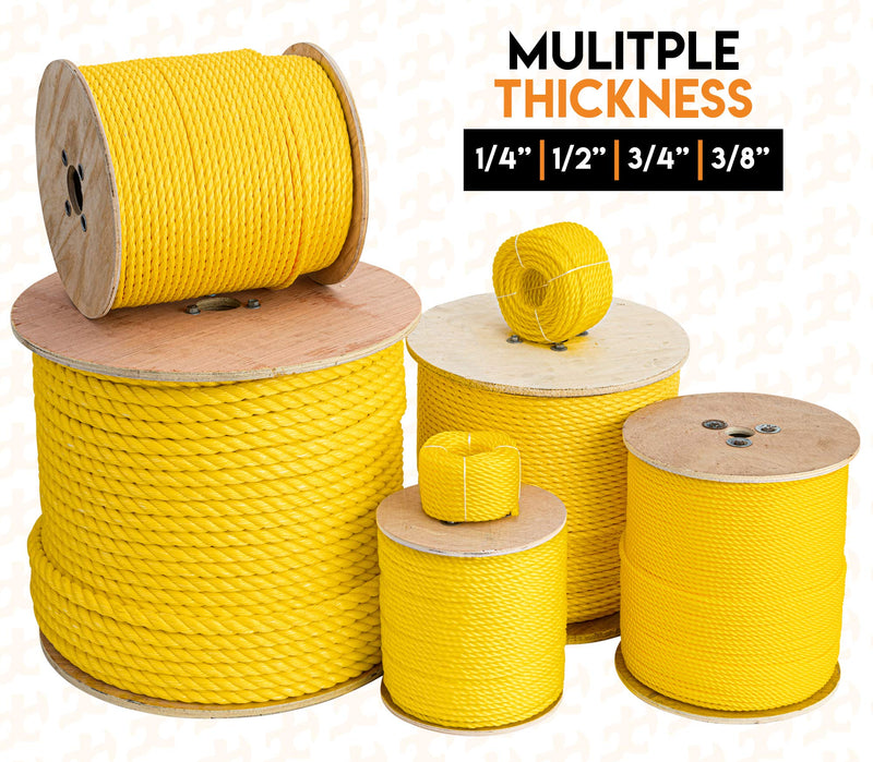 Yellow Twisted Polypropylene Rope - Floating Poly Pro Cord - Resistant to Oil, Moisture, Marine Growth and Chemicals - Reduced Slip, Easy Knot, Flexible - by Xpose Safety (1, 1/4" x 100') 1/4" x 100' - NewNest Australia