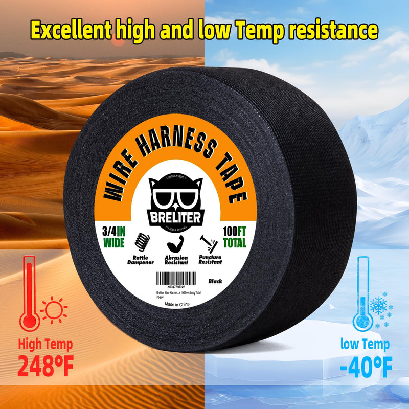 Wire Harness Tape - 2Pack High Temp Wiring Harness Self-Adhesive Auto Electrical Cable Fixed Tape Noise Damping Protection Insulation Tape - 3/4 Inch Wide 100 Feet Long Total 3/4inch*2pack