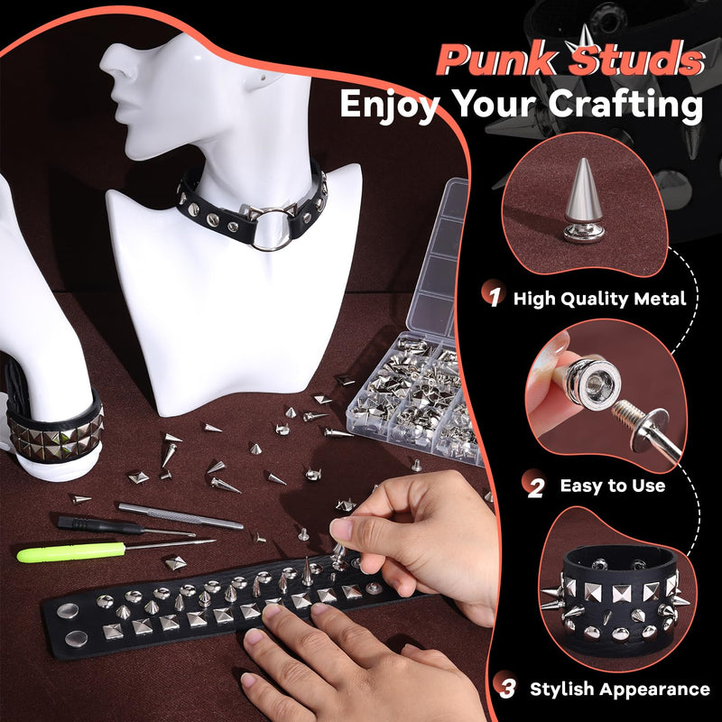 630 Pcs Punk Studs for Clothing, 10 Sizes Cone Spikes for Clothes, Square & Round Dome Pyramid Studs and Spikes, Leather Rivets Metal Spike for Crafts Bags Belts Shoes Caps Necklace Decor with Tools 01 630 Pcs Multi Sizes Silver Studs