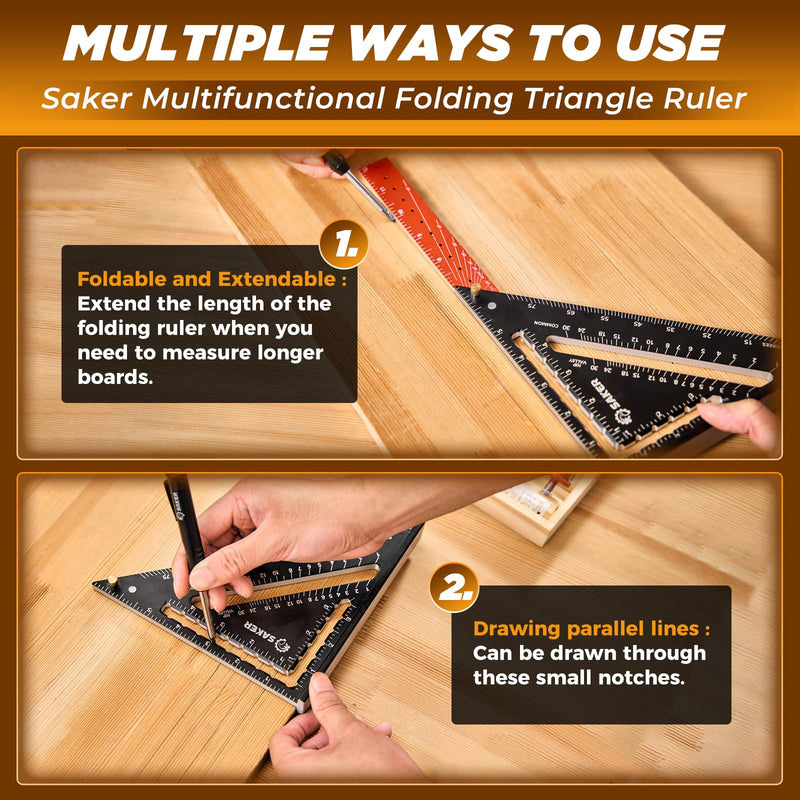 Saker Folding Square 12 inch,T Square Triangle Ruler Measuring Layout Tool,Gift for Men,Multi-Purpose Carpenter Square,Rafter Square Woodworking Tool for Drawing Contour Lines and Angles