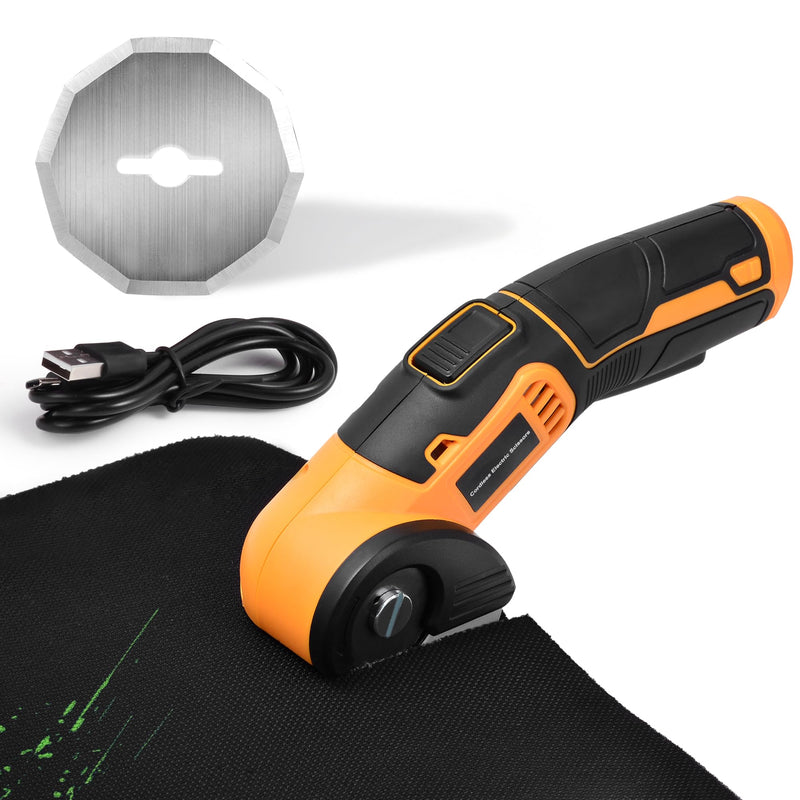 Cordless Electric Scissors, 4 V Rechargeable Rotary Cutter with LED Light, Safety Lock and Portable Storage Case for Cutting Fabric, Cardboard, Leather, Carpet and PVC Boxes，Yellow