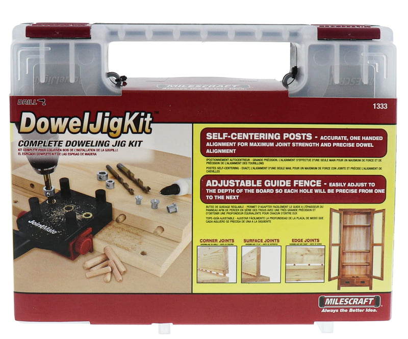 Milescraft 1333 Dowel Jig Kit - New, Improved, Self-Centering Handheld Dowel Jig with 3 Metal Bushing Sizes (1/4in, 5/16in, 3/8in) - Complete Doweling Jig Kit with all Accessories HARDWARE