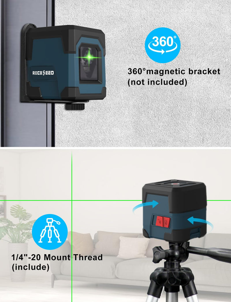 Laser Level, RockSeed Cross Line Laser with Self-Leveling, Vertical and Horizontal Line, Rotatable 360 Degree, Carrying Pouch, Battery Included (Green with Tripod) Green With Tripod