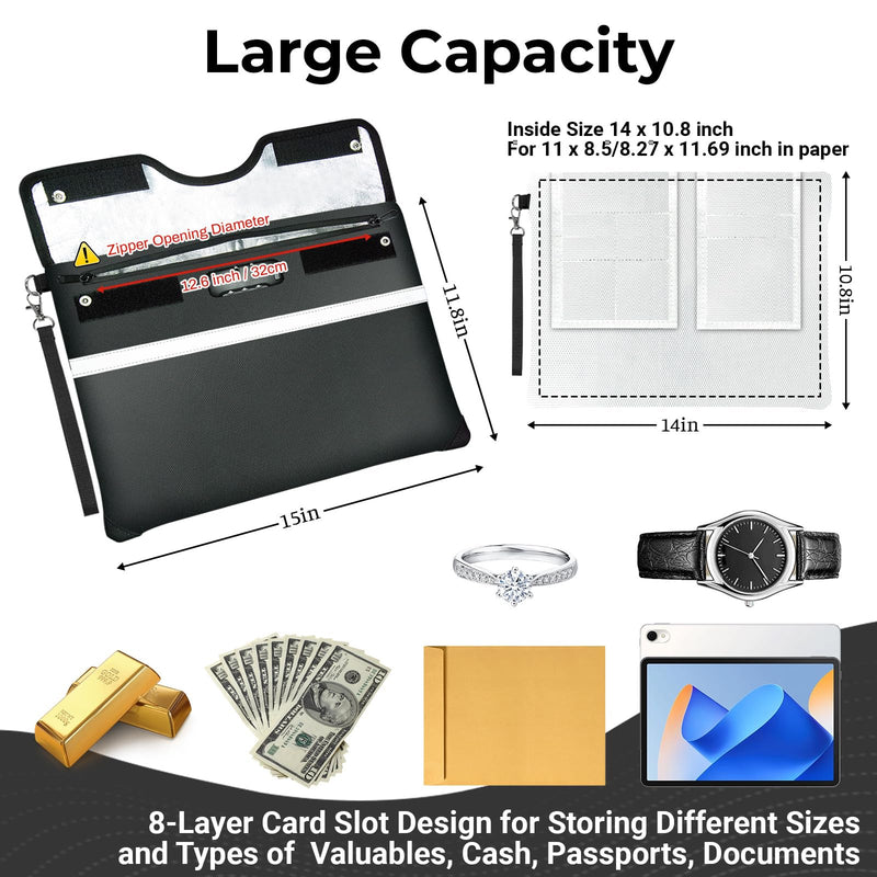 6200°F Fireproof Document Bag with Lock, 15x 11.8 Inch Fire Proof Bag for Documents with Zipper, Water Resistant Fireproof Envelope with Reflective Strip, Fireproof Money Bag Pouch Black 15 x 11.8 inch / Inside Size 14 x 10.8 inch