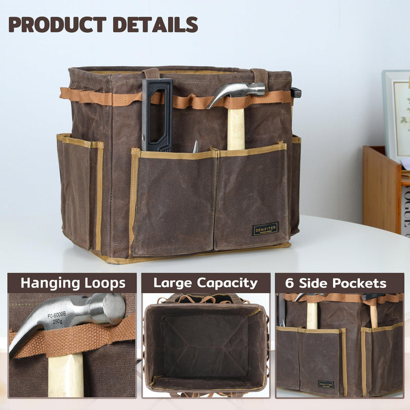 Heavy-Duty Waxed Canvas 14" Tool Bag - Foldable Open Top Organizer with Reinforced Handle | Water-Resistant Multi-Pocket Work Pouch for Mechanics, Contractors & DIY (Grey) Grey