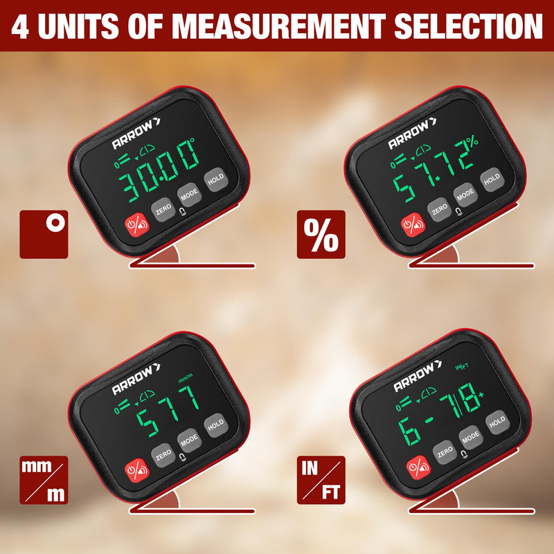 ARROW Digital Angle Gauge with Magnetic Base for Table Saw, Woodworking, Pipe Installation, ±0.1° Accuracy Angle Finder with Calibration, Dual Range, Auto-Rotating LCD Display with Audible Indicator