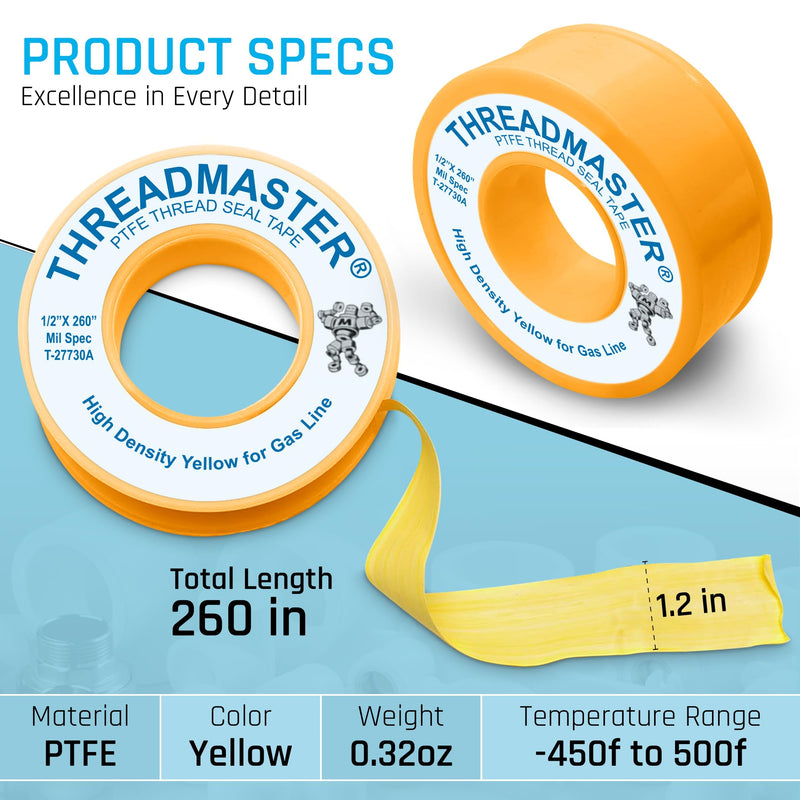 Yellow Gas Pipe Thread Seal Tape, 260" Length 1/2" Width, Teflon Tape for Gas Fittings, Used as High Density Plumbers Tape, Pack of 2