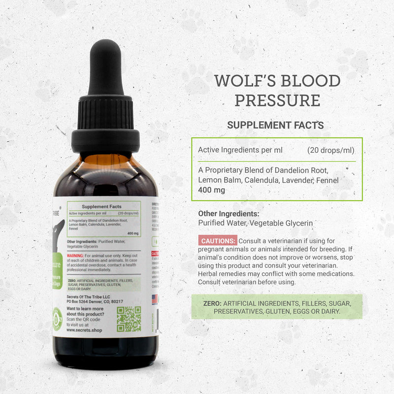 Wolf's Blood Pressure | Natural Herbal Dietary Supplement for Dogs | Healthy Blood Pressure Support in Dogs | Alcohol-Free Extract, Dandelion Root, Lemon Balm, Calendula, Lavender, Fennel 2 oz