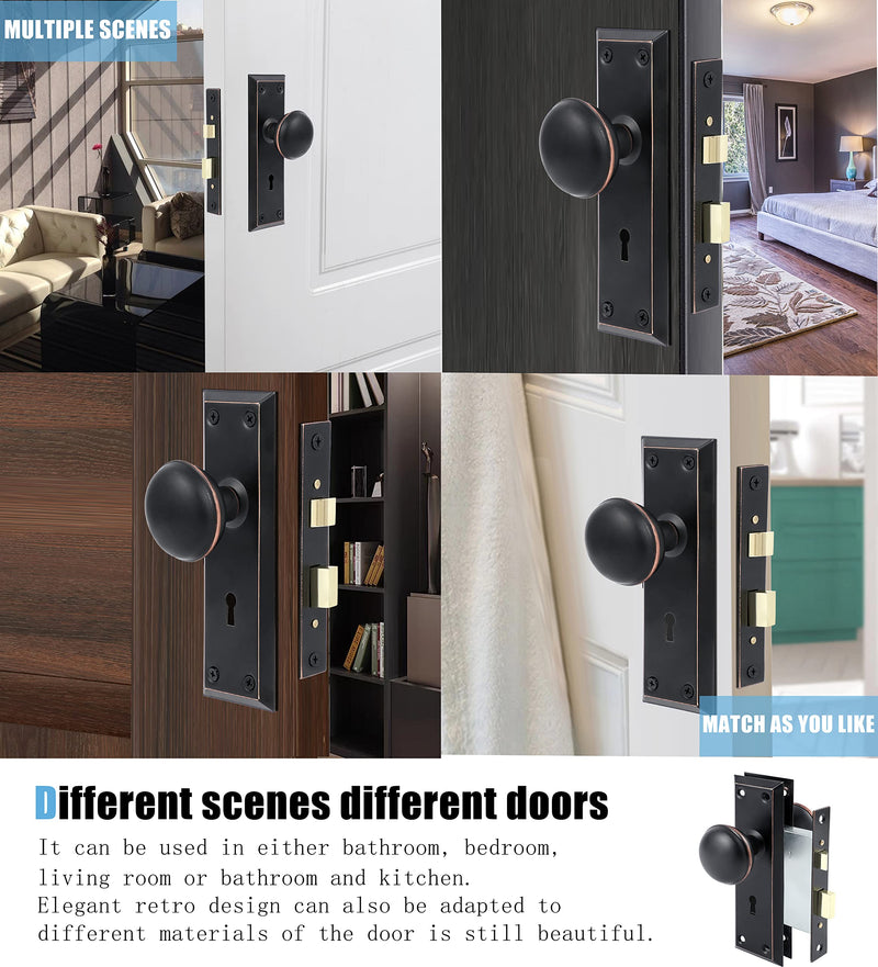 2 Pack Mortise Lock Set for Interior Door, Antique Door Knobs with Lock and Skeleton Key, Old Door Knob Replacement Fits 1-3/8 in 1-3/4 in, Oil Rubbed Bronze Finish Mortise(2 Pack)