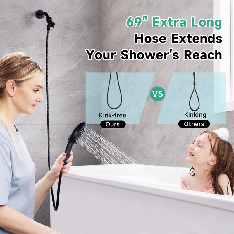 BRIGHT SHOWERS High Pressure Shower Head with Handheld, 9 Spray Settings Showerhead Built in Power Wash to Clean Tub and Pets, Extra Long 69" Hose, Adjustable Bracket, Matte Black 2.5 GPM | 9 Modes